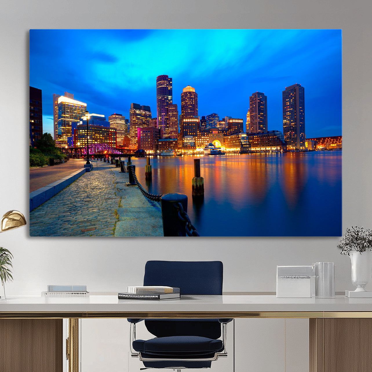 69619565-MGV-CV-36X24 - Boston Wall Art Canvas Print, Boston City Downtown Night Cityscape Print for Modern Urban Wall Decor