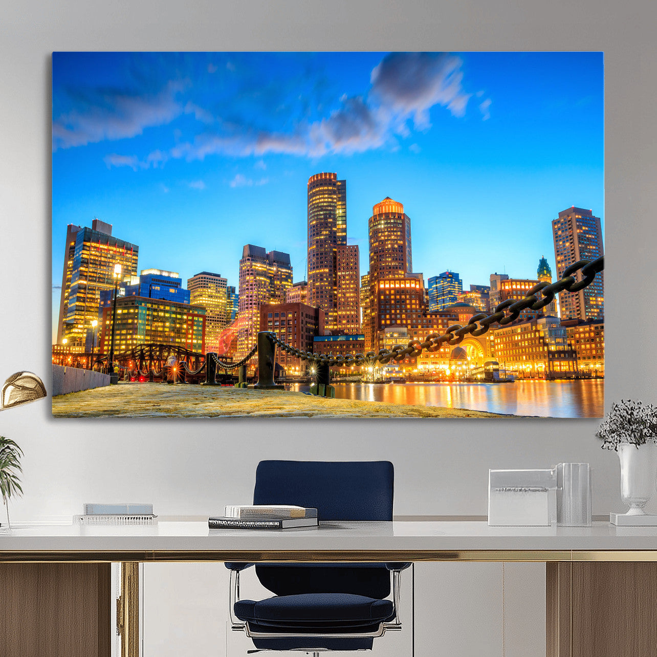 46736409-MGV-CV-36X24 - Boston Wall Art Canvas Print, Boston City Downtown Night Cityscape Print for Modern Urban Wall Decor