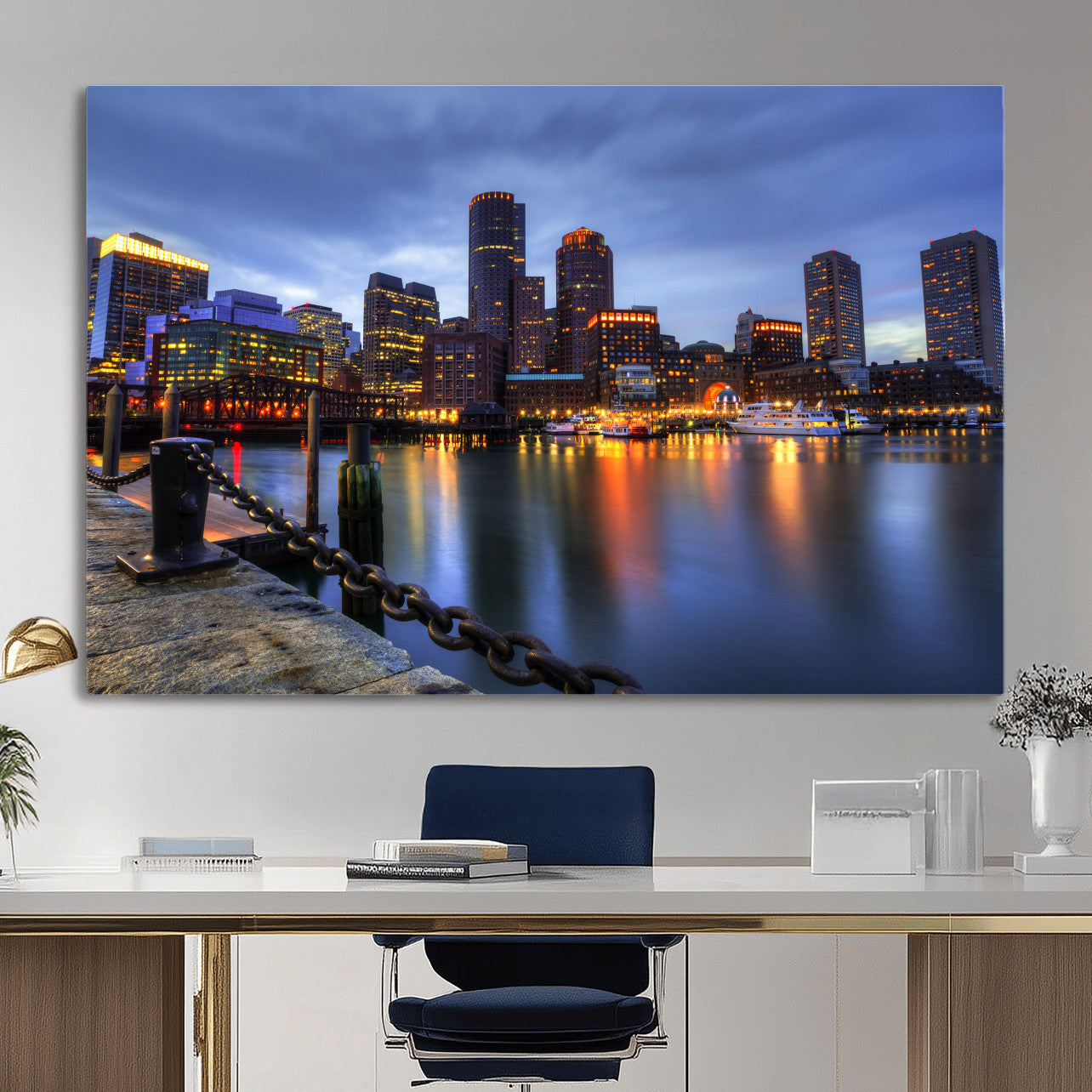 82439622-MGV-CV-36X24 - Boston Wall Art Canvas Print, Boston City Downtown Night Cityscape Print for Modern Urban Wall Decor