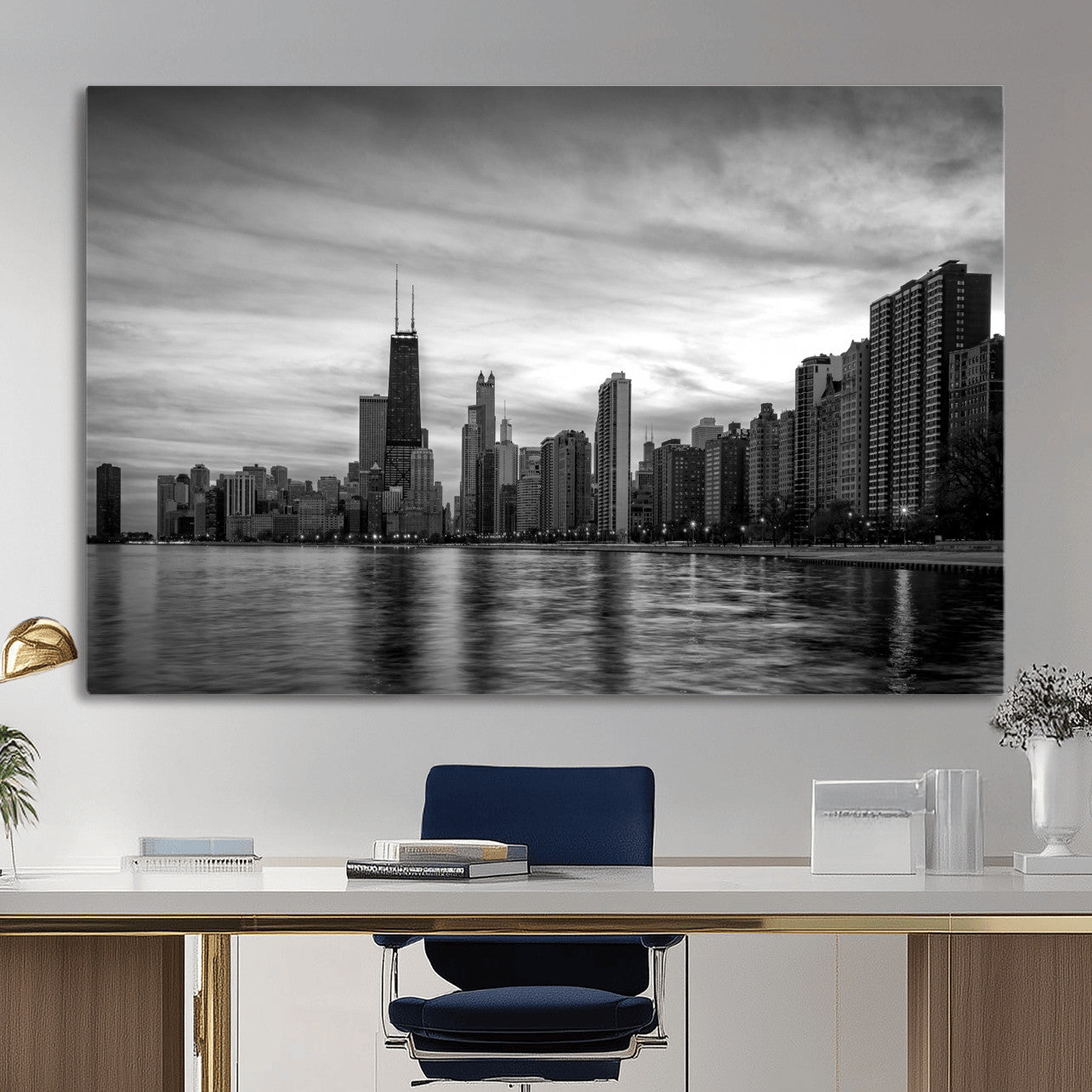 74552581-MGV-CV-36X24 - Chicago Wall Art Canvas Print, Chicago City Downtown Night Cityscape Print for Modern Urban Wall Decor