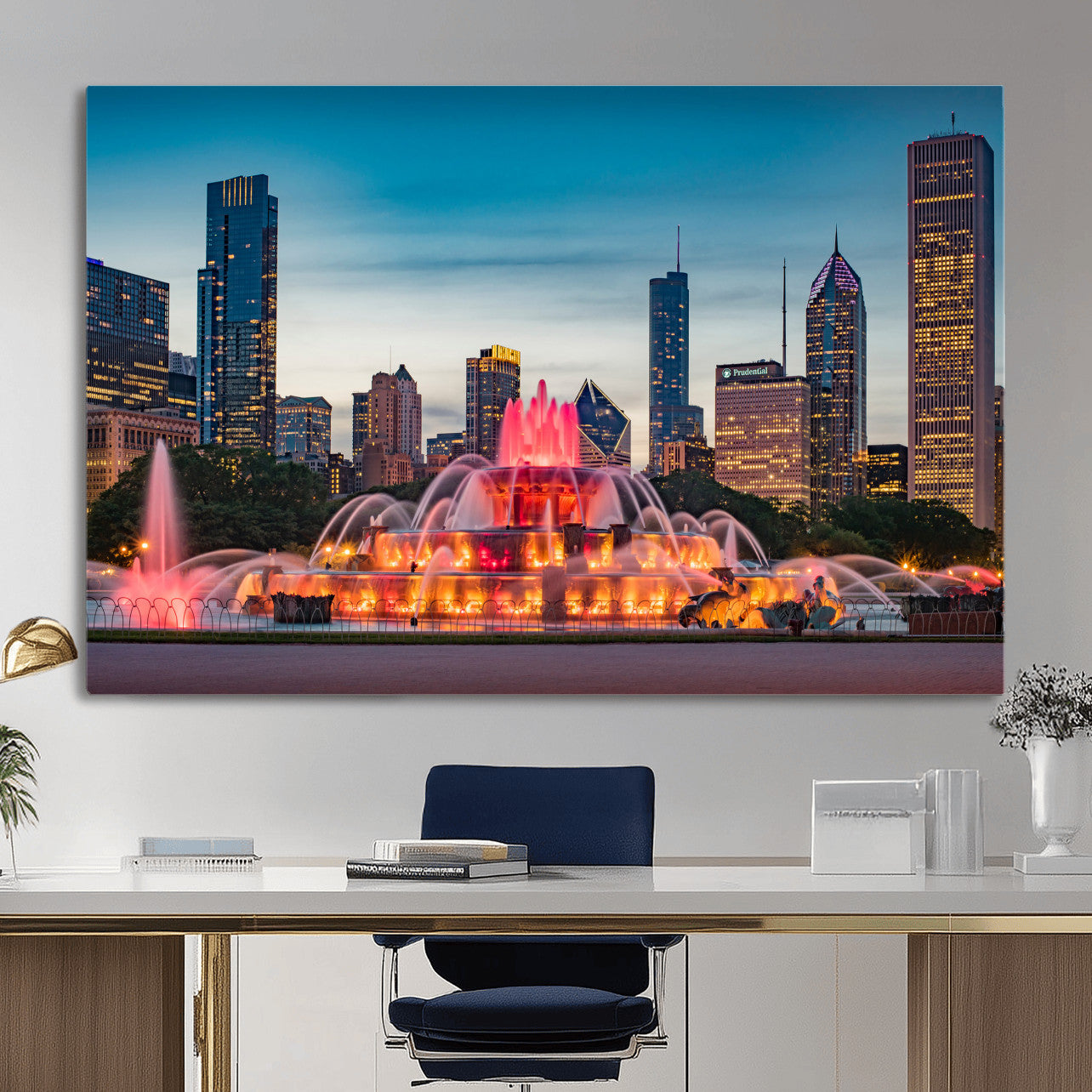 46805285-MGV-CV-36X24 - Chicago Wall Art Canvas Print, Chicago City Downtown Night Cityscape Print for Modern Urban Wall Decor