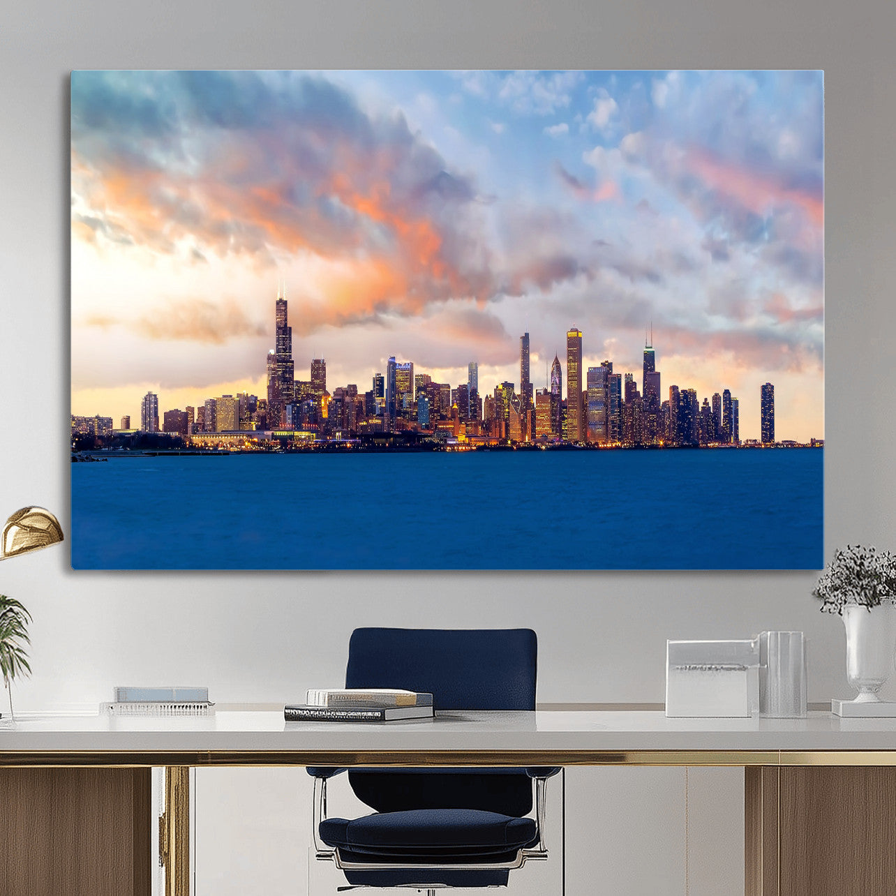 34667960-MGV-CV-36X24 - Chicago Wall Art Canvas Print, Chicago City Downtown Night Cityscape Print for Modern Urban Wall Decor