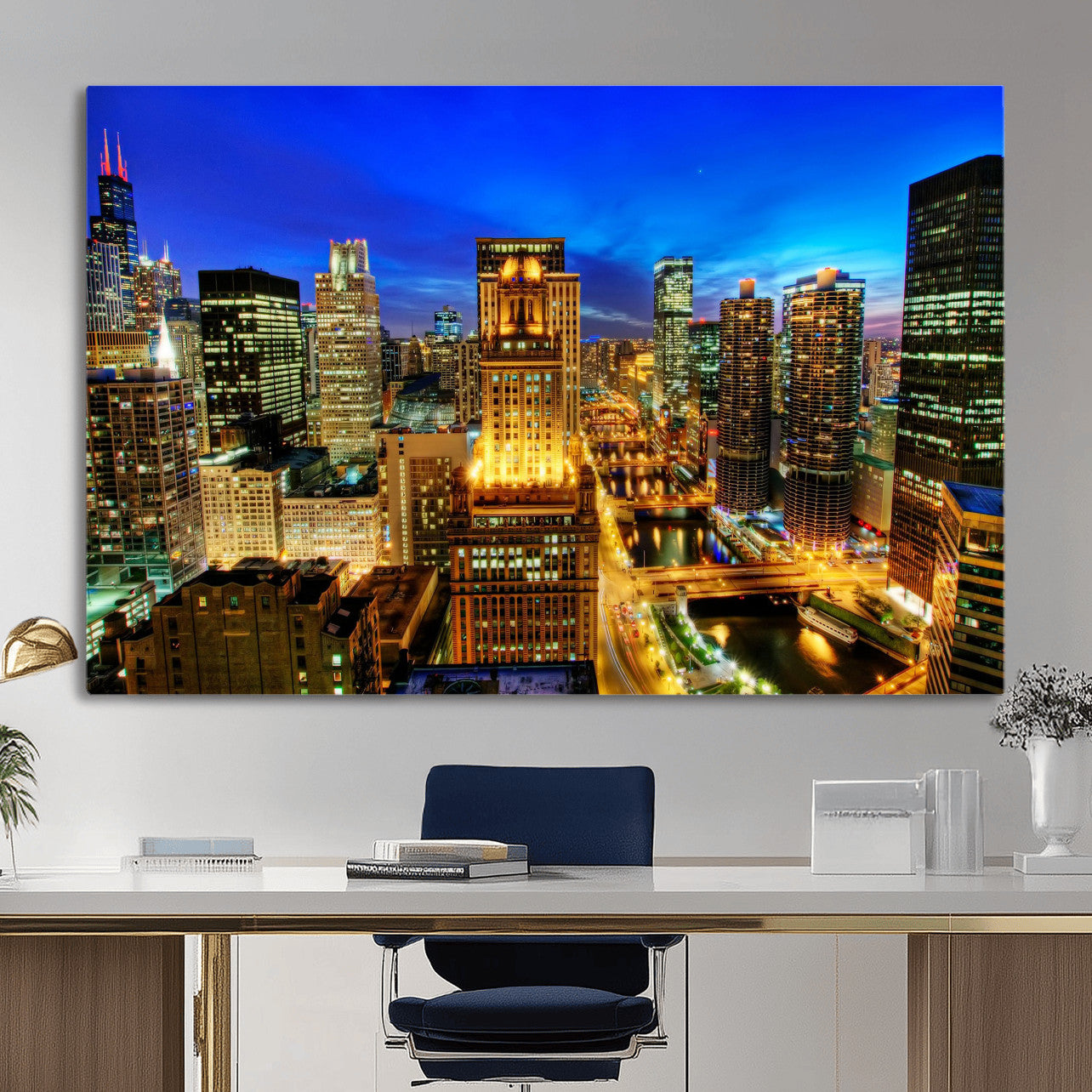 46298885-MGV-CV-36X24 - Chicago Wall Art Canvas Print, Chicago City Downtown Night Cityscape Print for Modern Urban Wall Decor