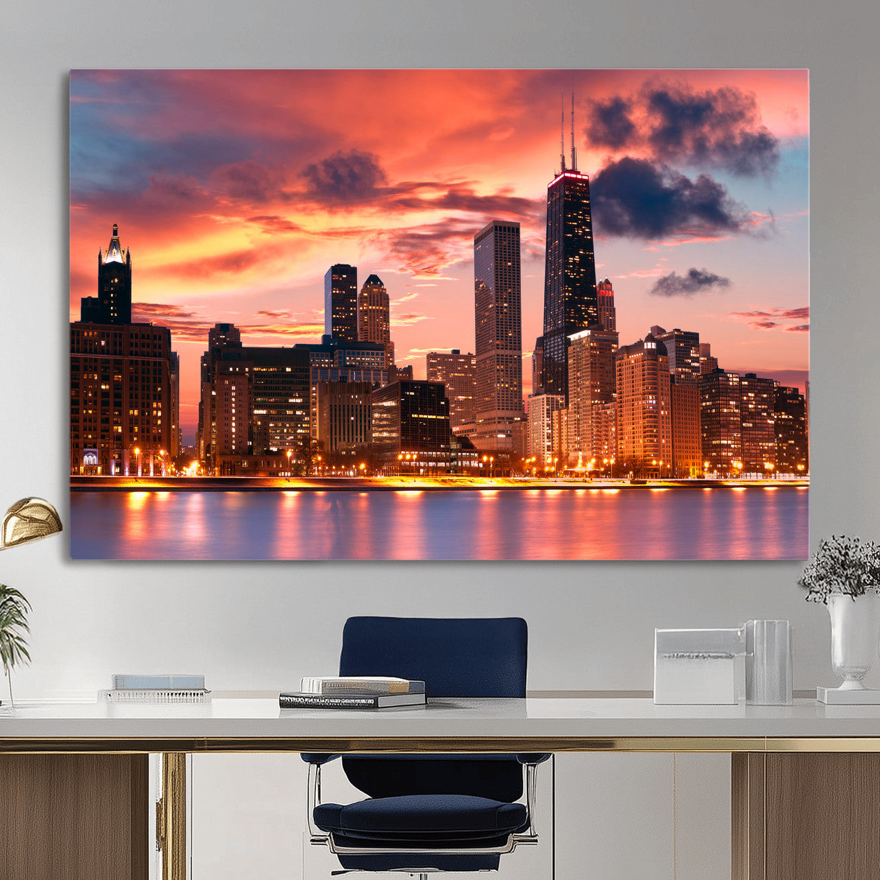 80390109-MGV-CV-36X24 - Chicago Wall Art Canvas Print, Chicago City Downtown Night Cityscape Print for Modern Urban Wall Decor