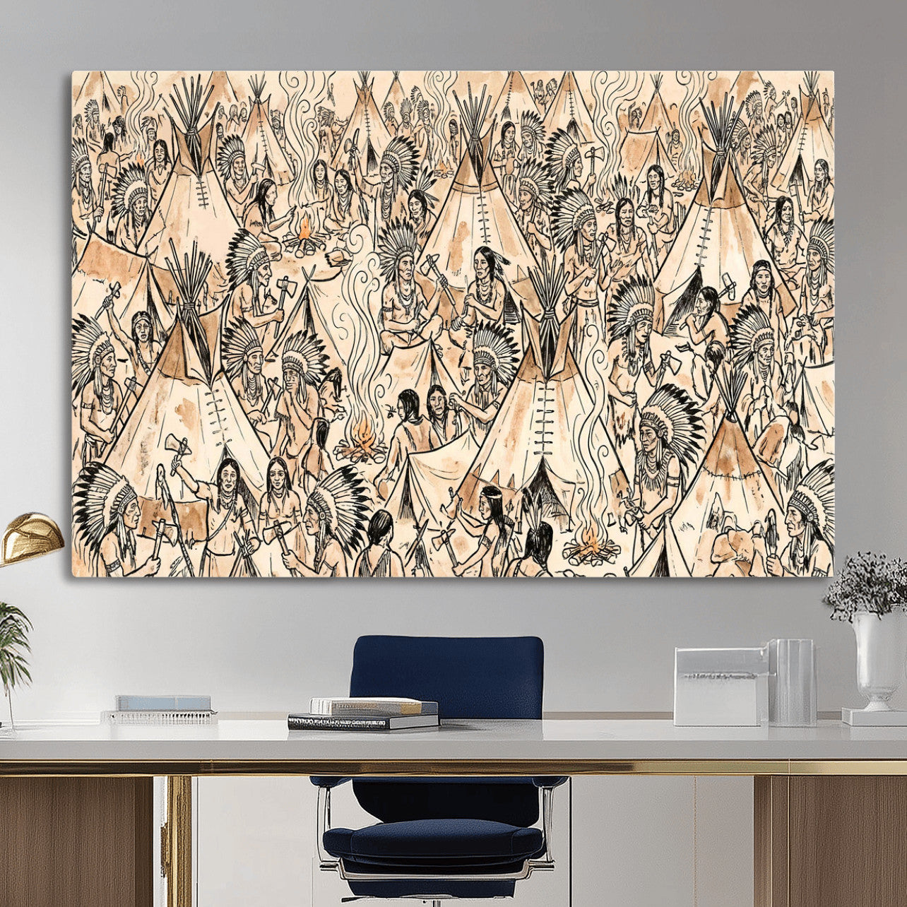 72739176-MGV-CV-36X24 - Farmhouse Animals Wall Art Canvas Print - Abstract Farm Animal Drawing Mid-Century Wall Art for Cabin Decor