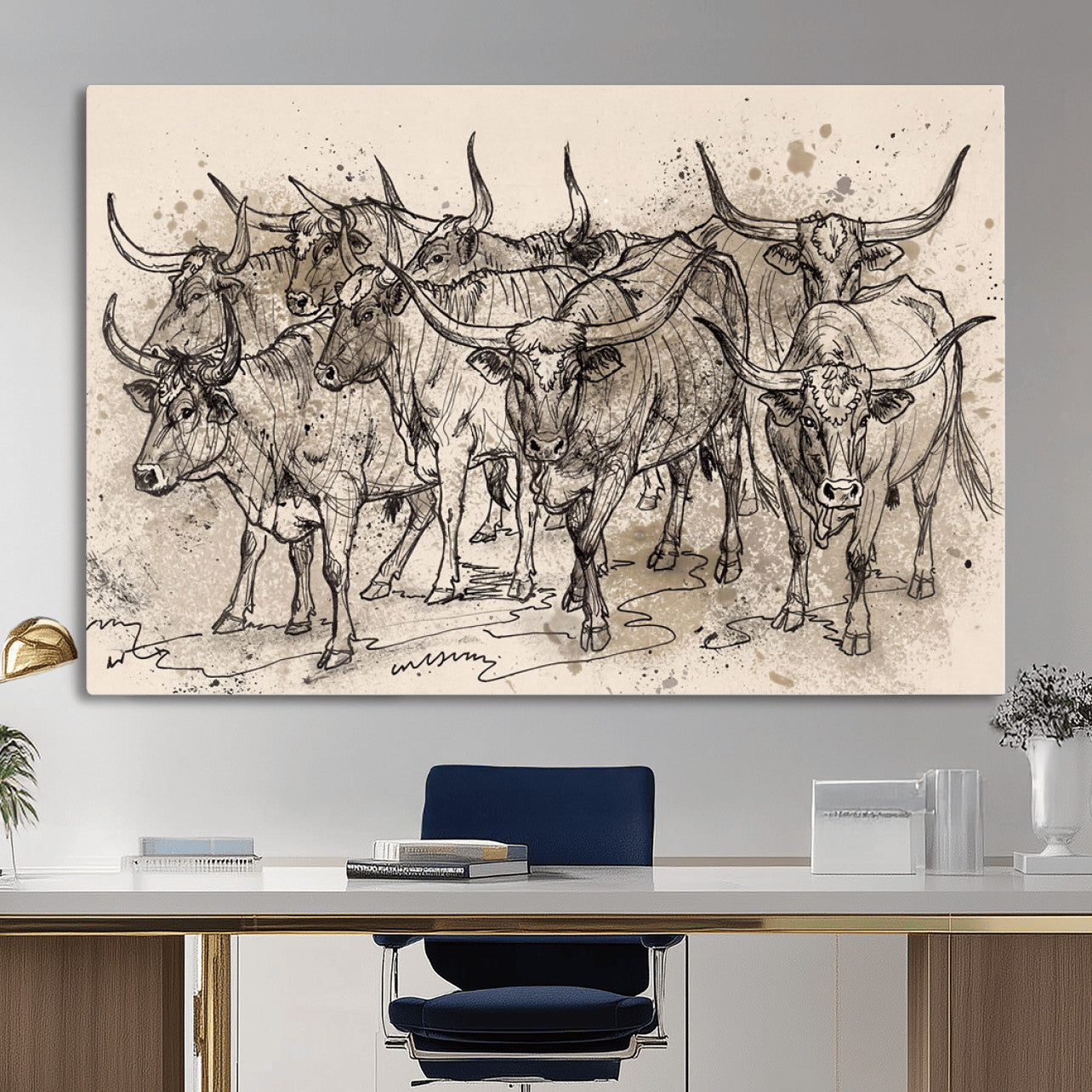 74232558-MGV-CV-36X24 - Farmhouse Animals Wall Art Canvas Print - Abstract Farm Animal Drawing Mid-Century Wall Art for Cabin Decor
