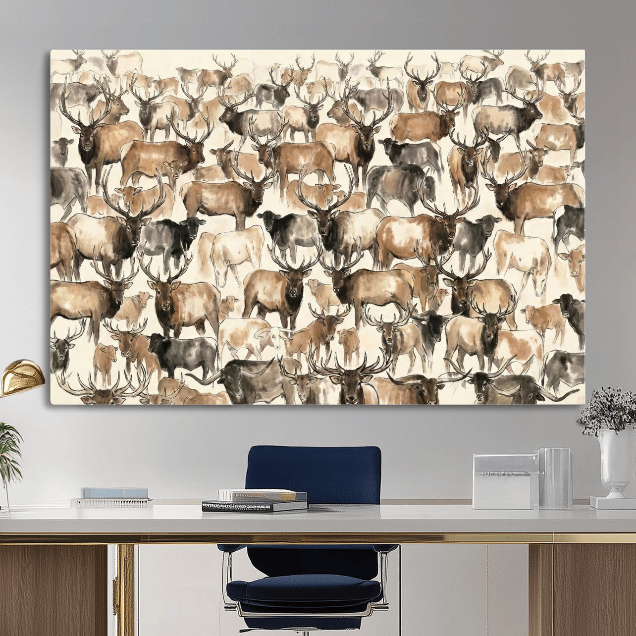 24374881-MGV-CV-36X24 - Farmhouse Animals Wall Art Canvas Print - Abstract Farm Animal Drawing Mid-Century Wall Art for Cabin Decor