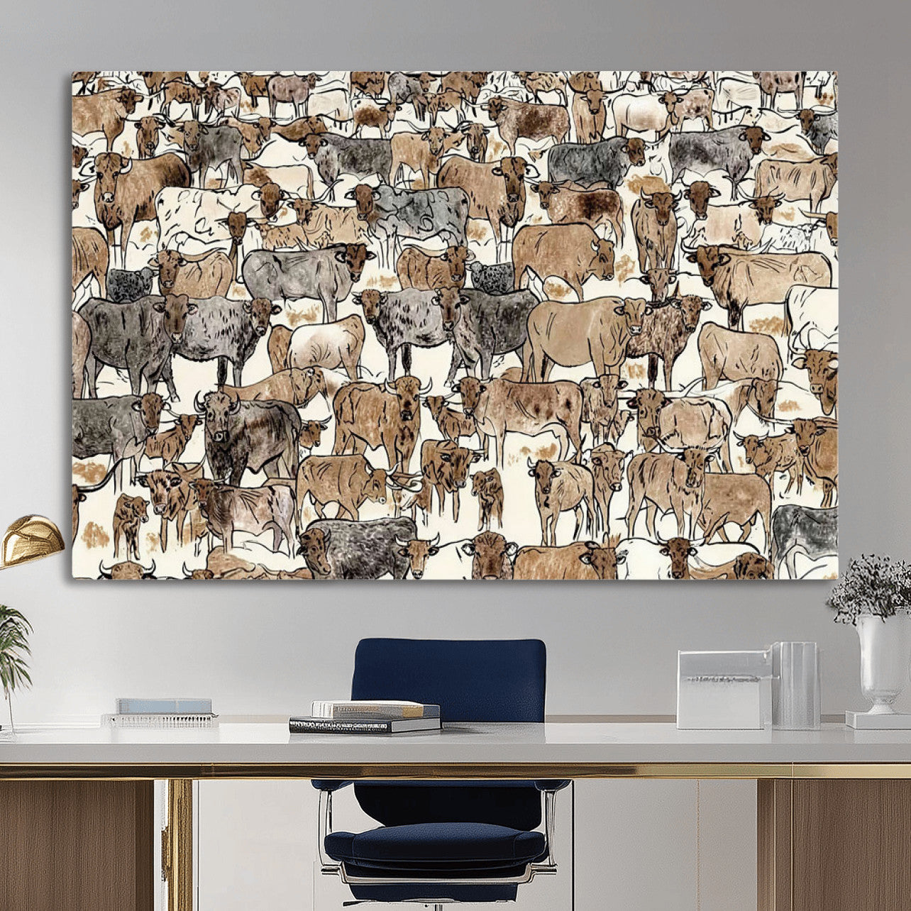 76902119-MGV-CV-36X24 - Farmhouse Animals Wall Art Canvas Print - Abstract Farm Animal Drawing Mid-Century Wall Art for Cabin Decor