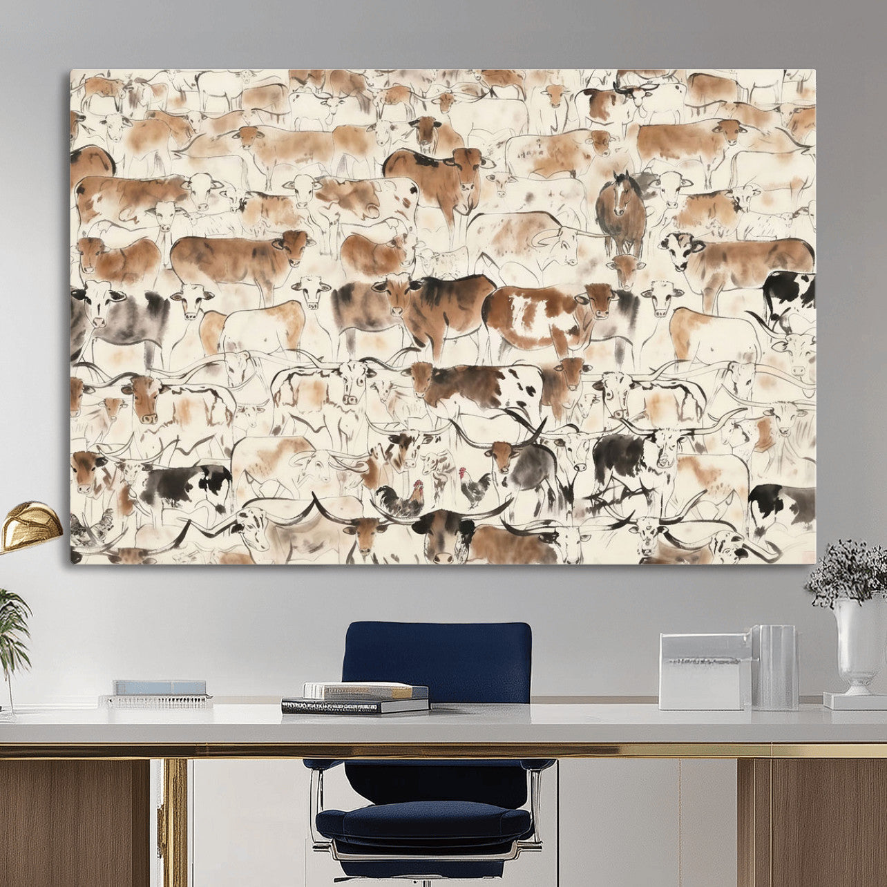 69961368-MGV-CV-36X24 - Farmhouse Animals Wall Art Canvas Print - Abstract Farm Animal Drawing Mid-Century Wall Art for Cabin Decor