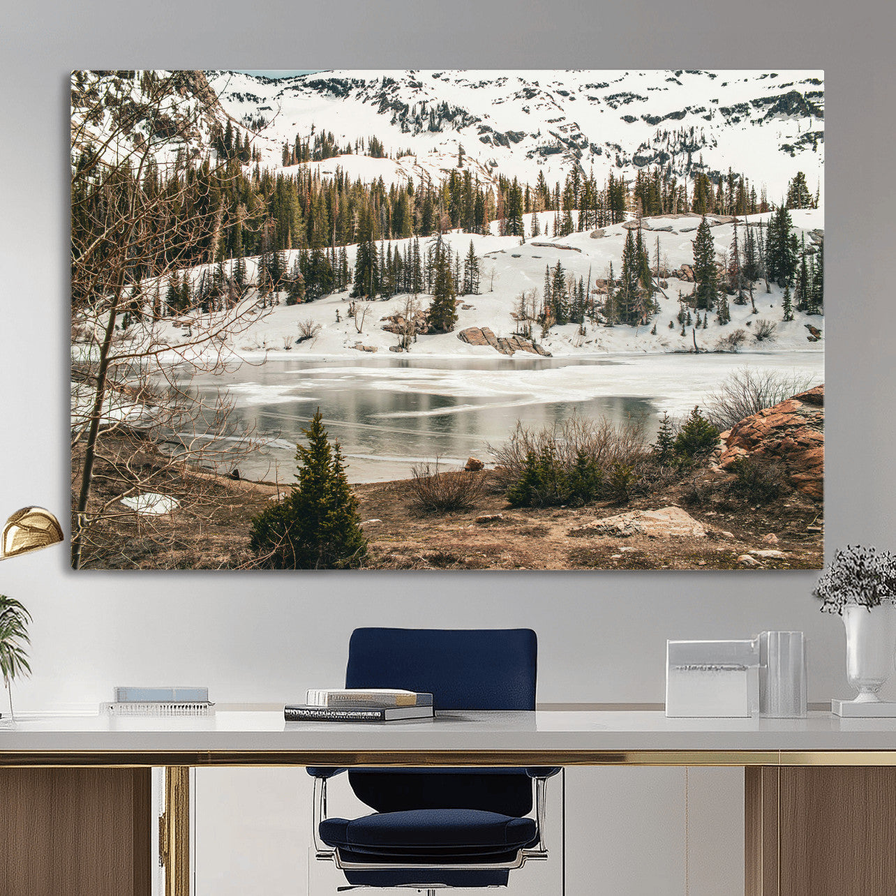 10336249-MGV-CV-36X24 - Snowy Mountain Landscape Wall Art Canvas Print, Alpine Pine Forest Winter Nature Wall Decor for Living Room and Office