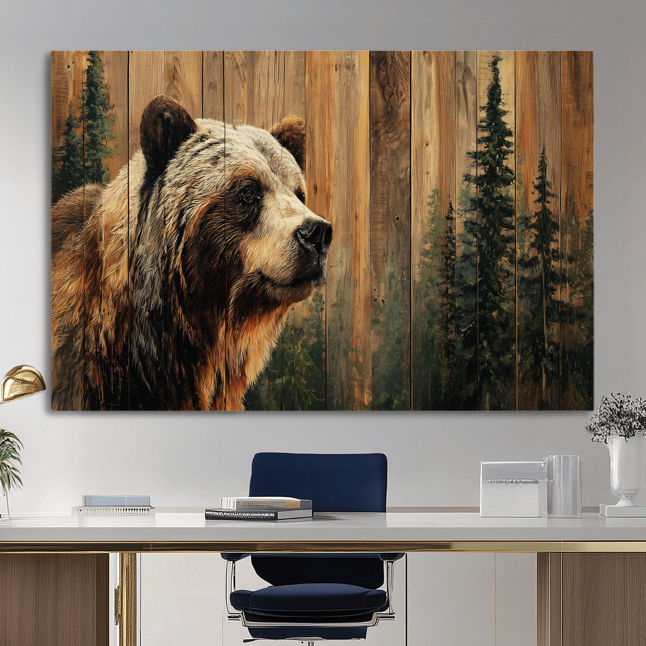 75645180-MGV-CV-36X24 - Grizzly Bear Wall Art Canvas Print, Rustic Wildlife Bear Artwork, Forest Animal Painting, Cabin Lodge Nature Wall Decor