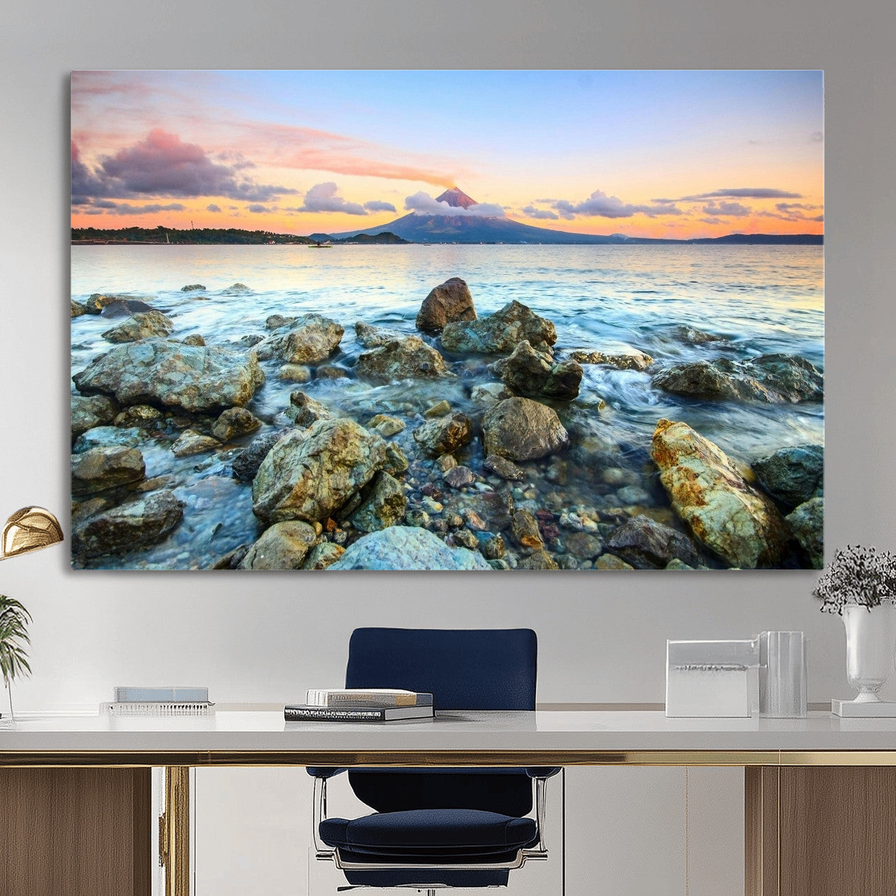 46869511-MGV-CV-36X24 - Mayon Volcano Seascape Landscape Wall Art Canvas Print, Tropical Ocean Shore Mountain Canvas Print, Philippines Coastal Scenic Art Printing