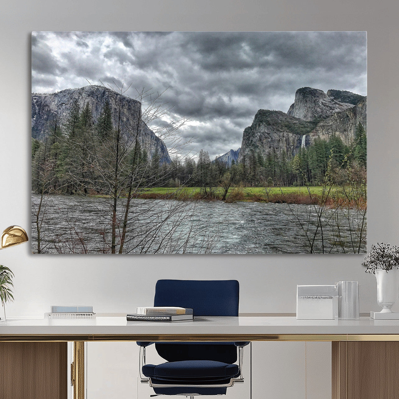 75582552-MGV-CV-36X24 - Yosemite Valley River Landscape Wall Art Canvas Print, Granite Cliffs Forest River Canvas Print, California National Park Moody Scenic Art Printi
