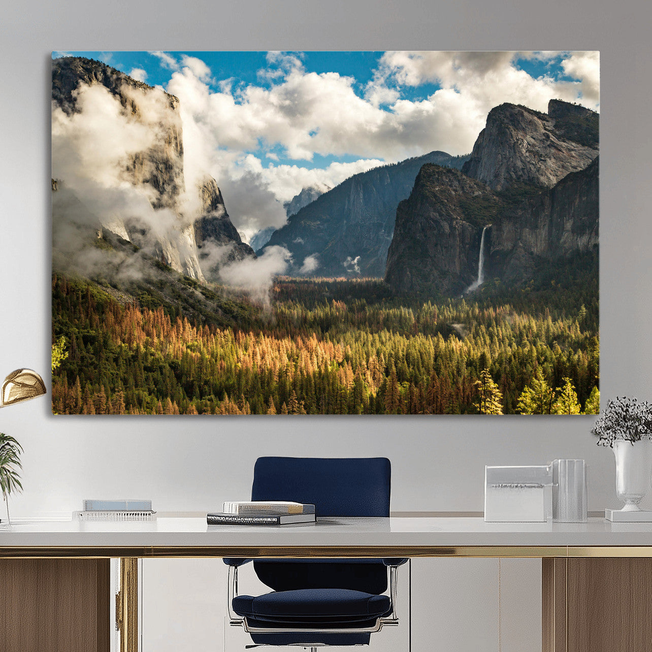 18271001-MGV-CV-36X24 - Yosemite Valley River Landscape Wall Art Canvas Print, Granite Cliffs Forest River Canvas Print, California National Park Moody Scenic Art Printi
