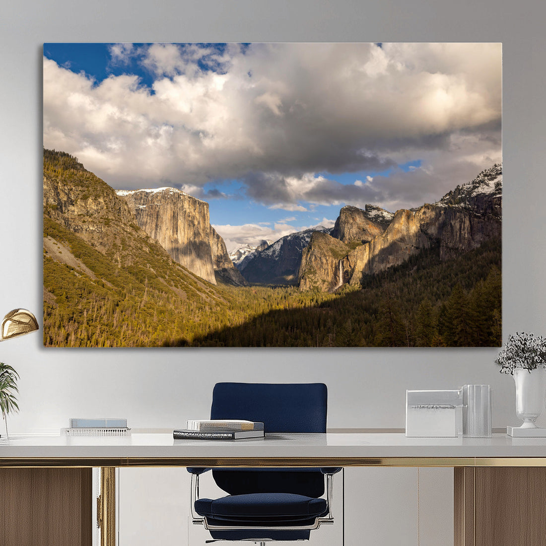 Yosemite Valley River Landscape Wall Art Canvas Print, Moody Granite Cliffs and Forest River