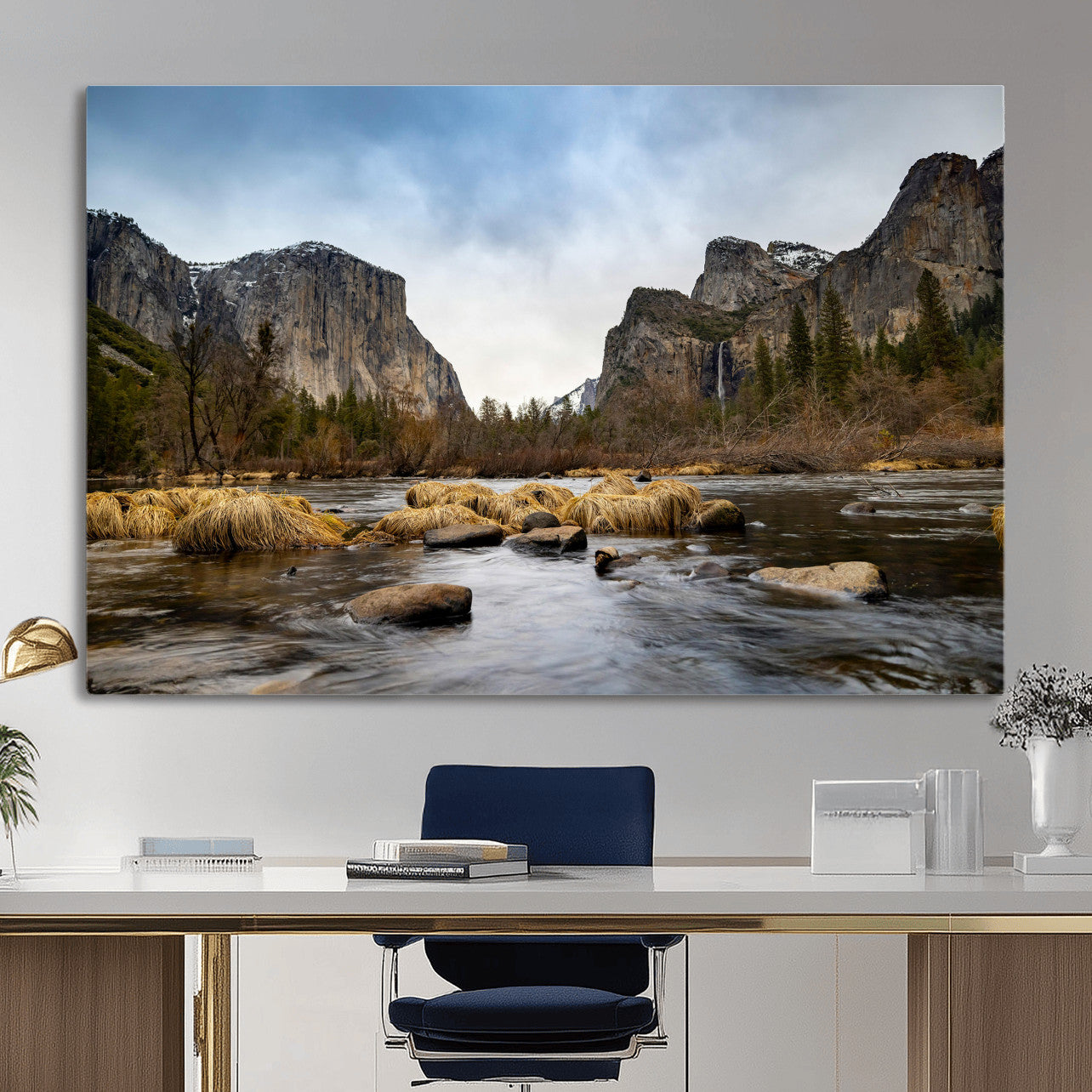 20458404-MGV-CV-36X24 - Yosemite Valley Mountain Landscape Wall Art Canvas Print, Granite Cliff Forest Valley Canvas Print, California National Park Scenic Art Printing