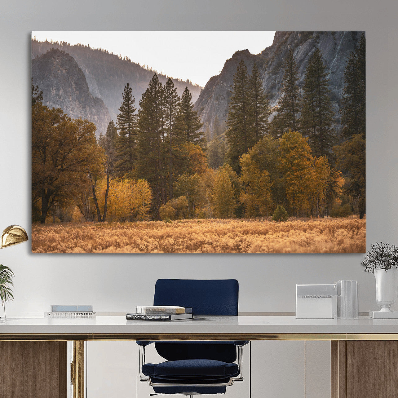 61682763-MGV-CV-36X24 - Yosemite Valley Autumn Forest Landscape Wall Art Canvas Print, Granite Mountain Pine Trees Canvas Print, California National Park Fall Scenic Art Printing