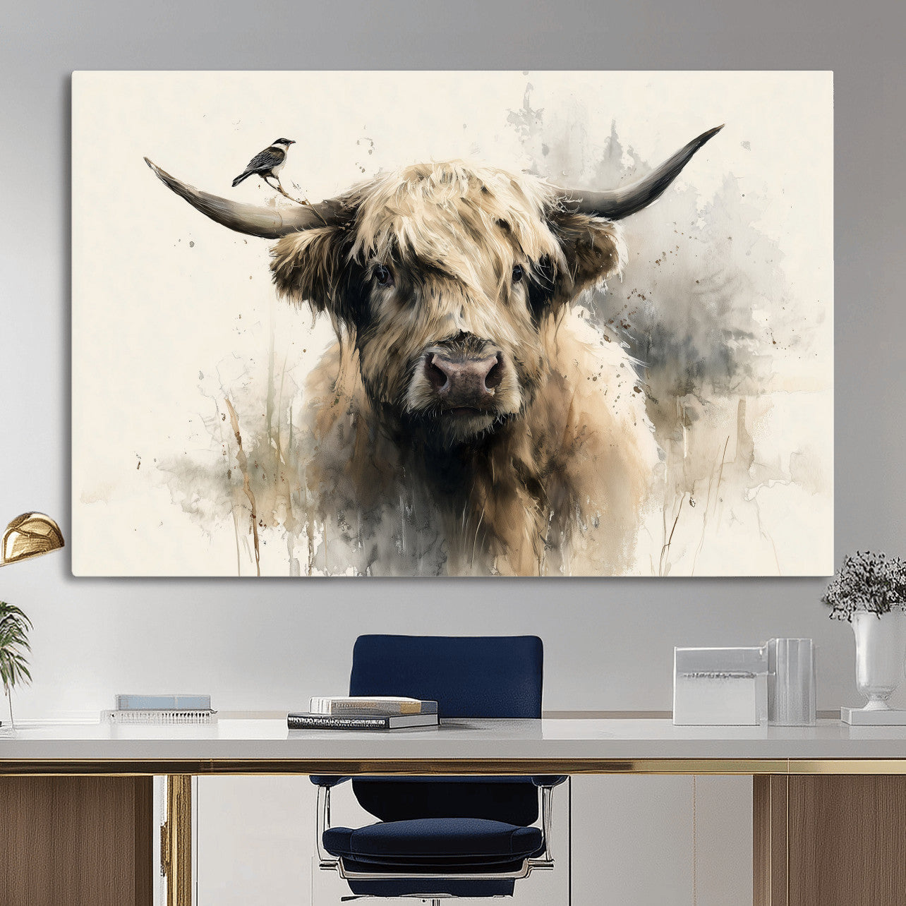 98249290-MGV-CV-36X24 - Abstract Highland Cow Watercolor Animal Wall Art Canvas Print, Rustic Farm Cattle Portrait Canvas Print, Neutral Wildlife Farmhouse Art Printing