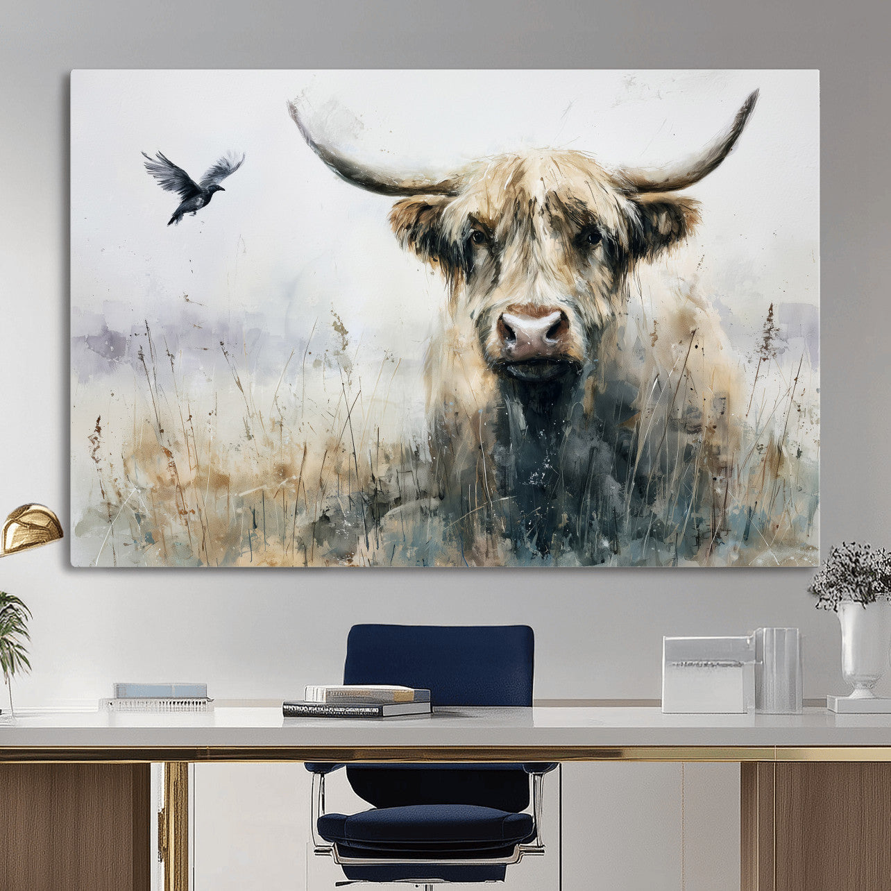 55652651-MGV-CV-36X24 - Abstract Highland Cow Watercolor Animal Wall Art Canvas Print, Rustic Farm Cattle Portrait Canvas Print, Neutral Wildlife Farmhouse Art Printing
