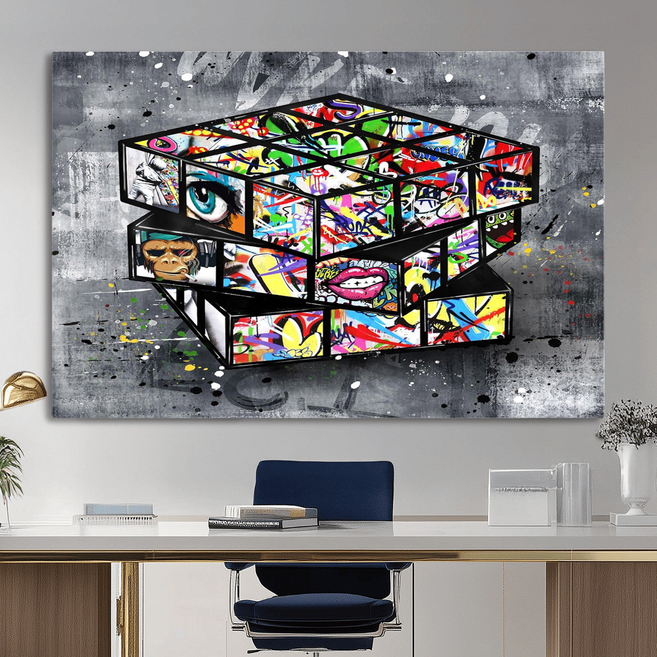 46789556-MGV-CV-36X24 - Graffiti Cube Abstract Street Art Wall Art Canvas Print, Colorful Urban Pop Art Geometric Canvas Print, Modern Street Art Contemporary Art Printing