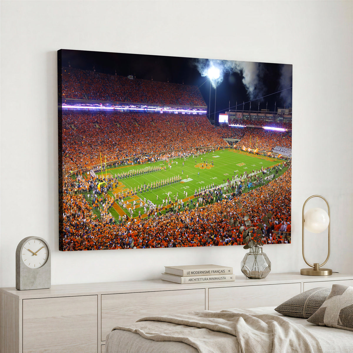 43662631-MGV-CV-36X24 - Clemson Football Stadium Wall Art Canvas Print, College Football Crowd Night Game Scene, Orange Stadium Panorama Wall Decor