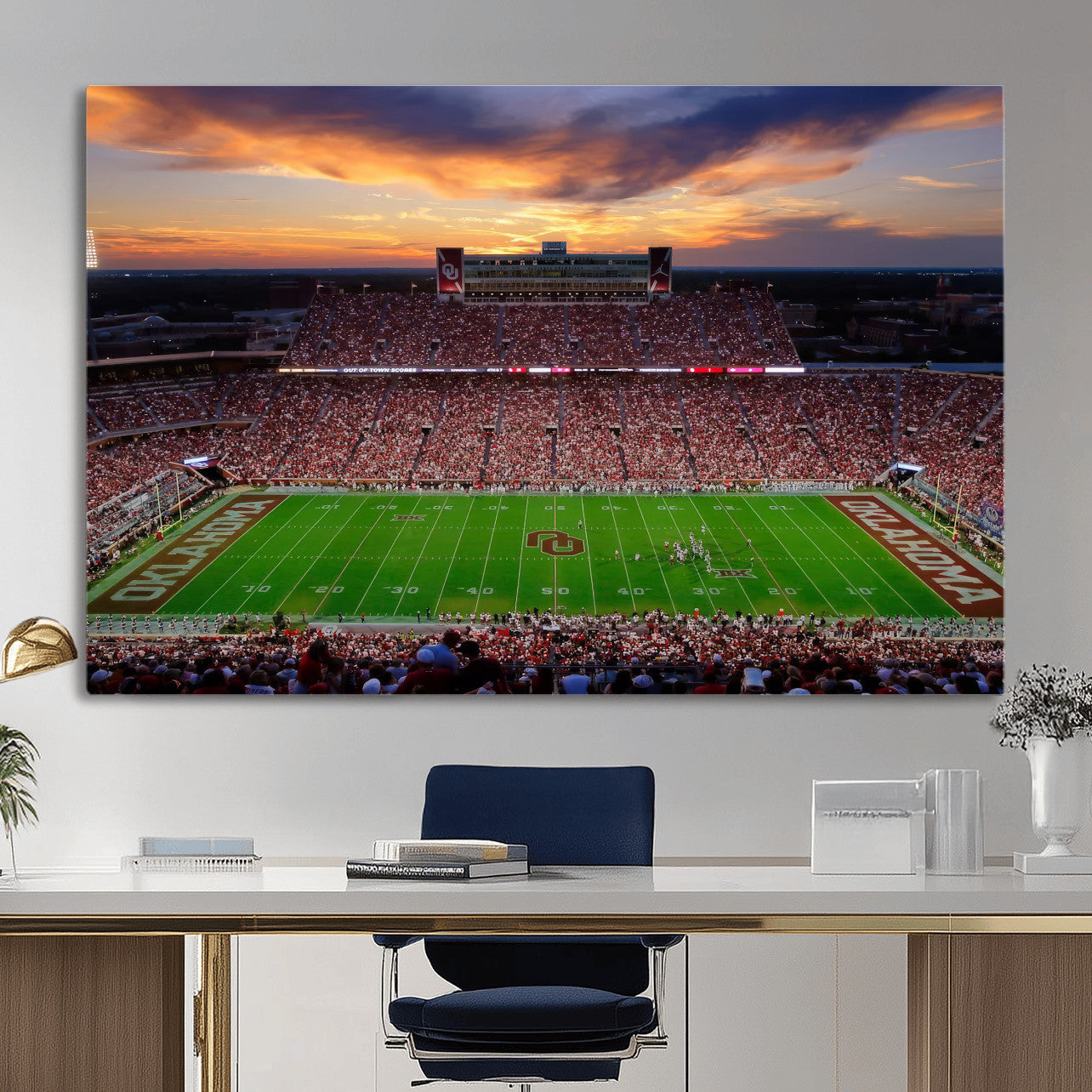 51457497-MGV-CV-36X24 - Oklahoma Sooners Stadium Wall Art Canvas Print, College Football Sunset Game Scene, OU Football Field Panorama Wall Decor