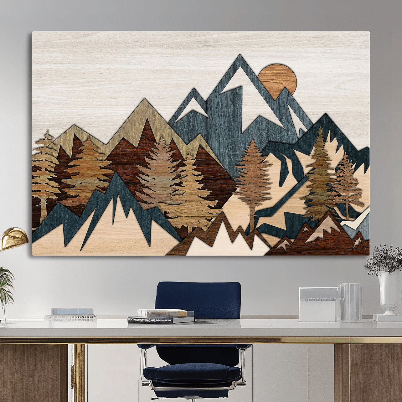 61833055-MGV-CV-36X24 - Mountain Forest Wall Art Canvas Print, Layered Wood Landscape Artwork, Rustic Nature Wall Decor for Living Room