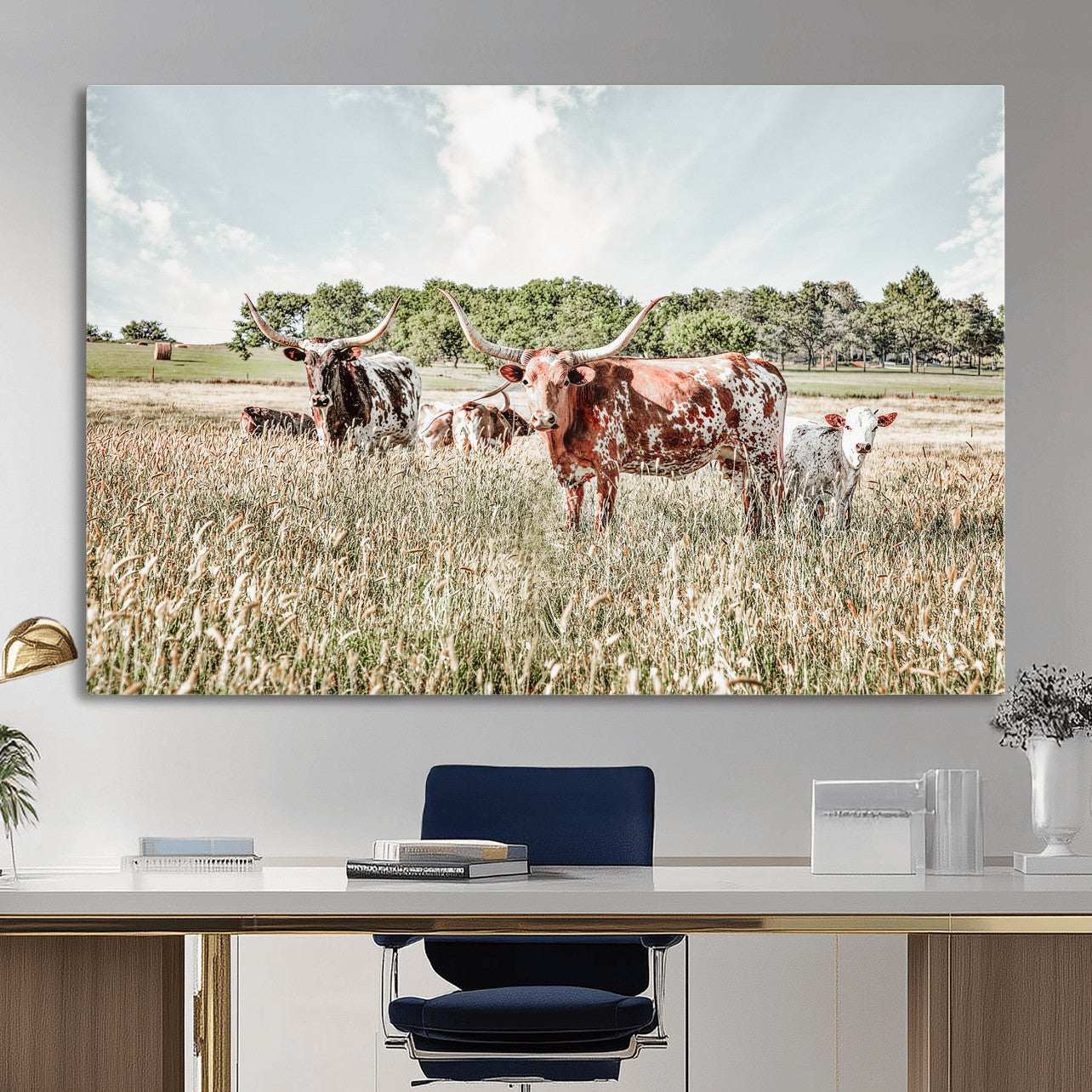 33963645-MGV-CV-36X24 - Texas Longhorn Cattle Wall Art Canvas Print, Western Ranch Landscape Nature Wall Decor for Living Room and Office