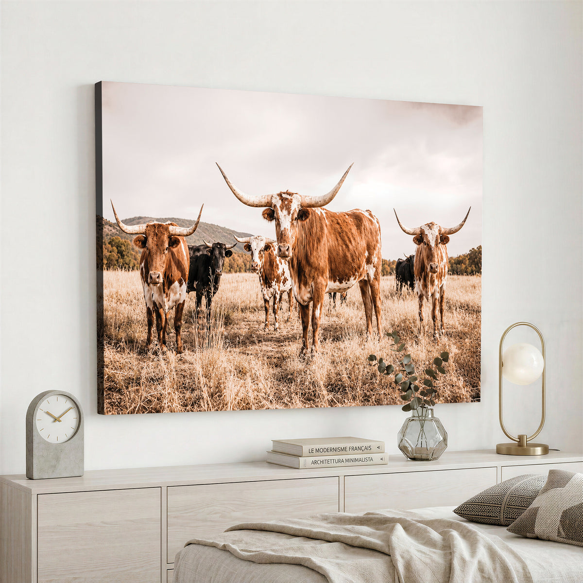 27539727-MGV-CV-36X24 - Texas Longhorn Cattle Wall Art Canvas Print, Sepia Western Decor