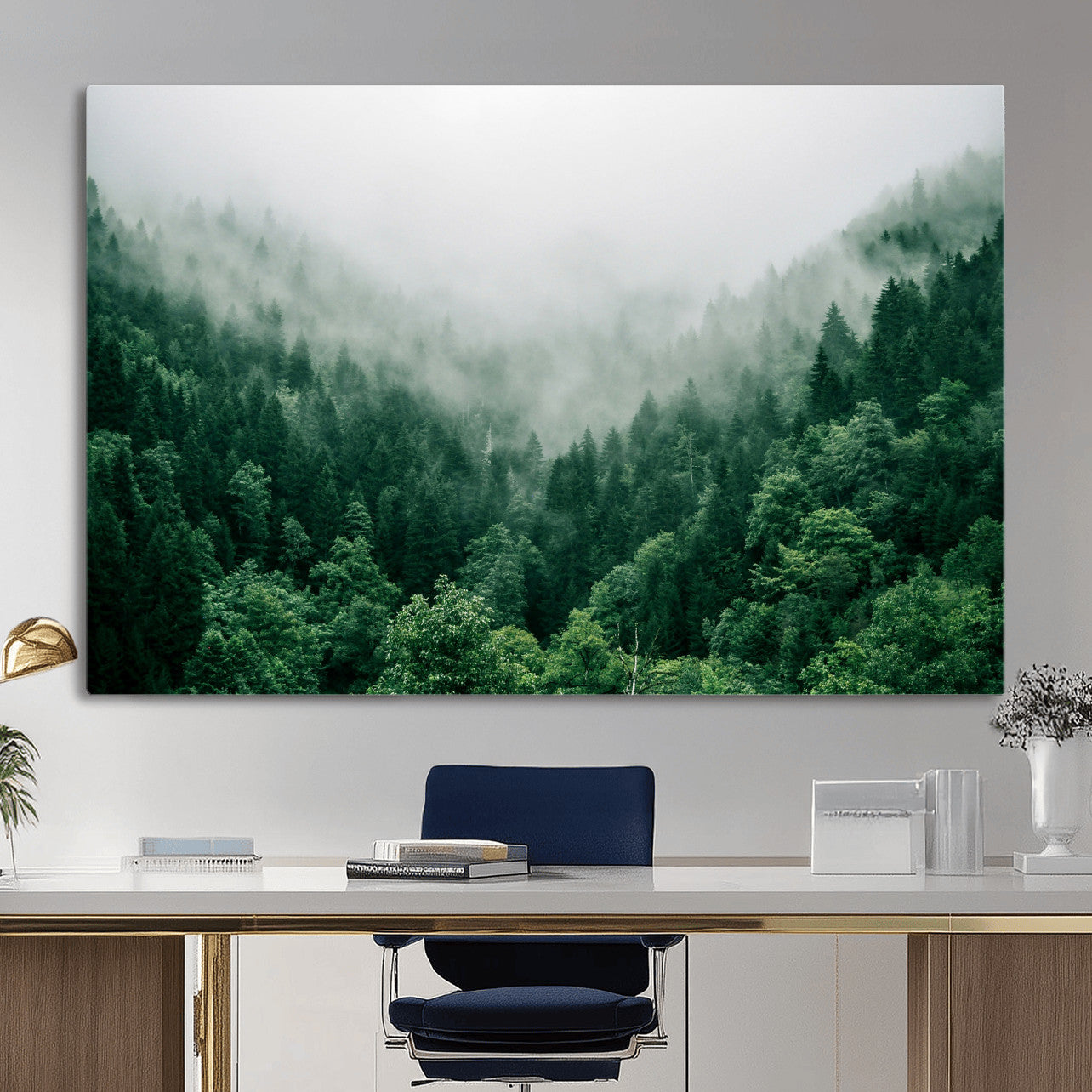 61640815-MGV-CV-36X24 - Misty Pine Forest Wall Art Canvas Print, Foggy Evergreen Landscape Wall Decor, Moody Green Nature Artwork, Minimal Forest Canvas Wall Art, Framed Canvas Wall Art Ready to Hang
