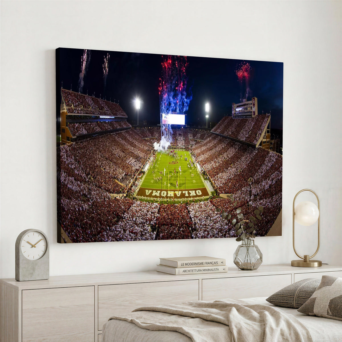 43197777-MGV-CV-36X24 - Oklahoma Memorial Stadium Wall Art Canvas Print – Oklahoma Sooners Football Artwork for Home, Office, and Sports Room Decor