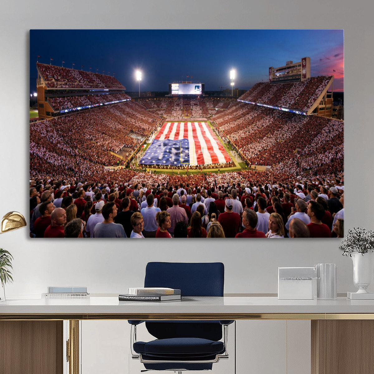59917418-MGV-CV-36X24 - Oklahoma Memorial Stadium Wall Art Canvas Print – Oklahoma Sooners Football Artwork for Home, Office, and Sports Room Decor