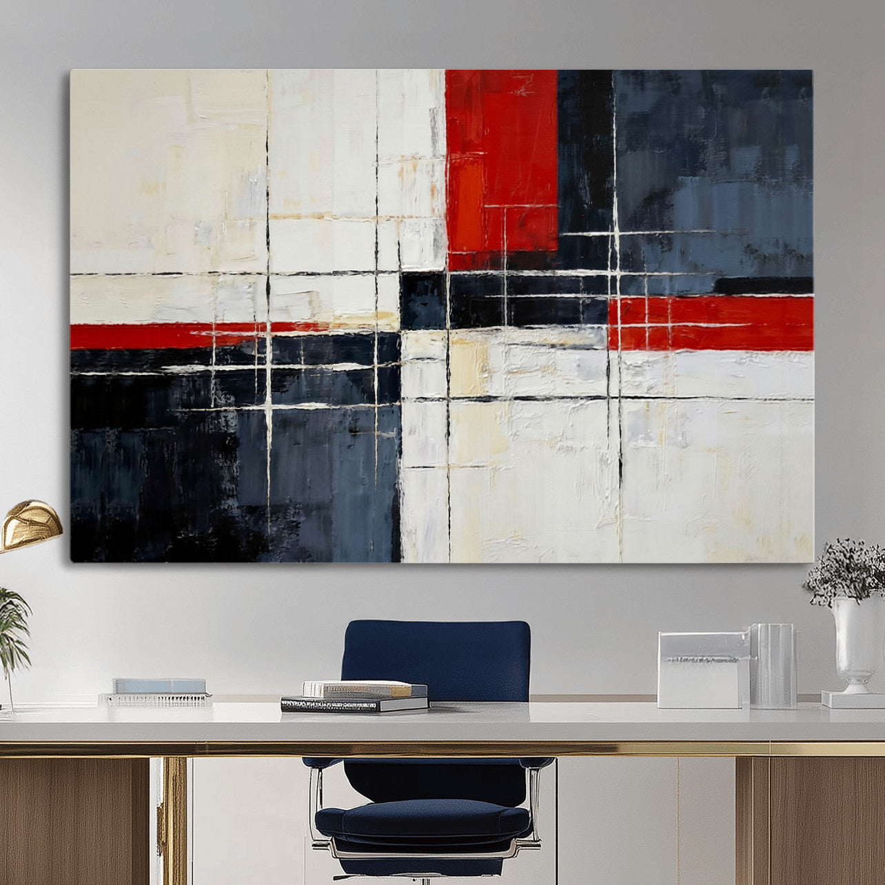44088165-MGV-CV-36X24 - Navy Red Abstract Wall Art Canvas Print, Modern Luxury Geometric Painting Wall Decor for Living Room and Office