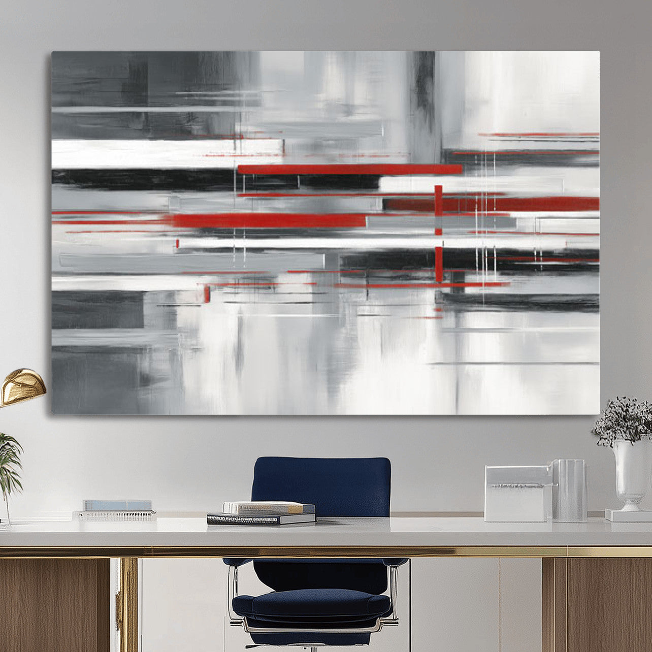 62640681-MGV-CV-36X24 - Gray Red Abstract Wall Art Canvas Print, Modern Abstract Canvas Wall Decor for Contemporary Living Room and Office