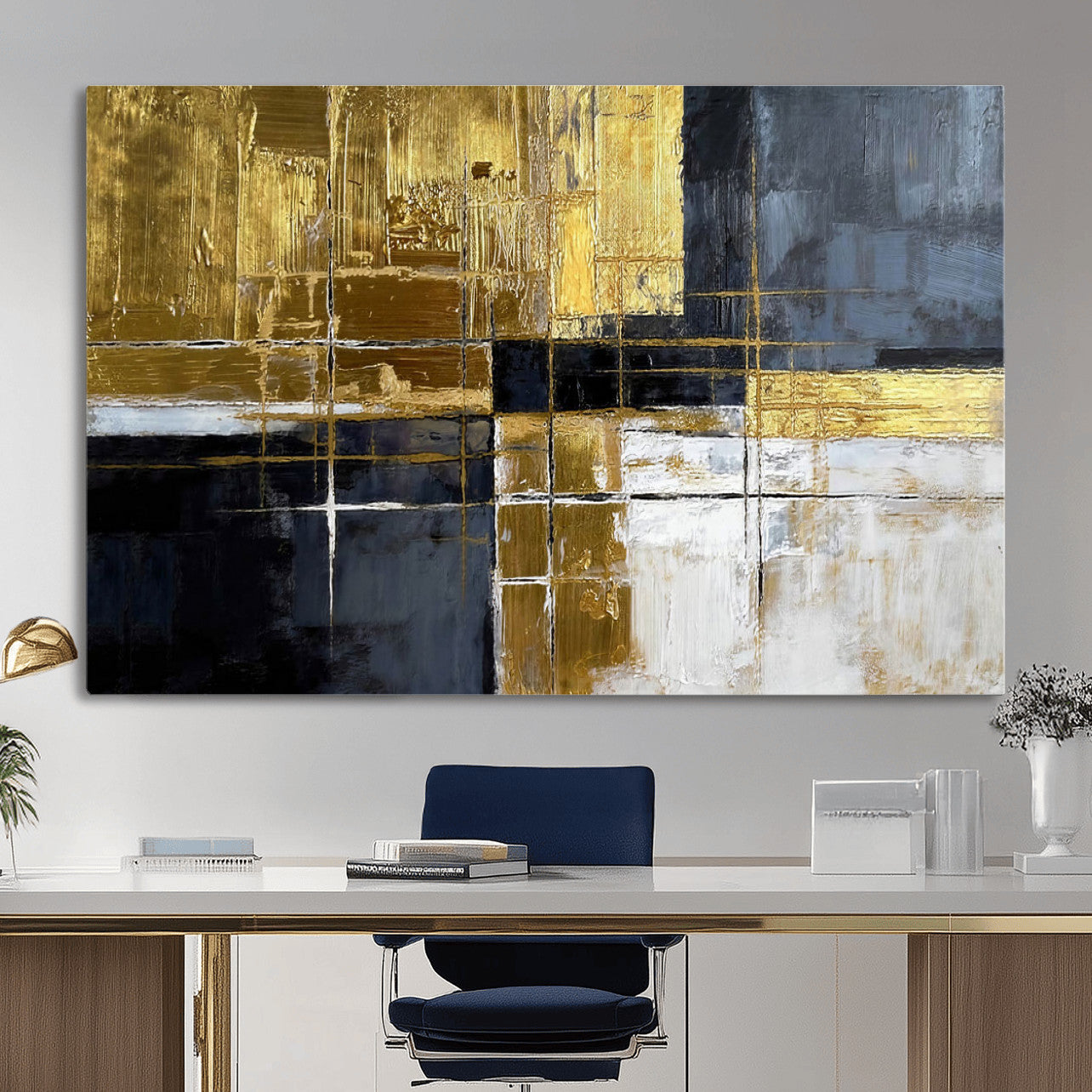 76917030-MGV-CV-36X24 - Gold Navy Abstract Wall Art Canvas Print, Modern Luxury Geometric Painting Wall Decor for Living Room and Office