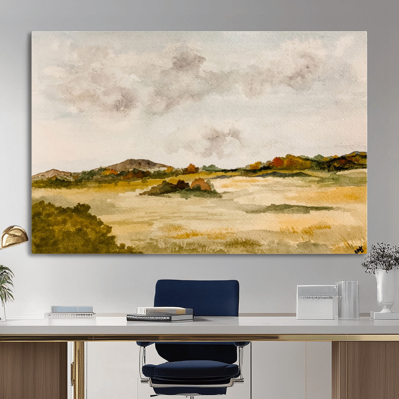 94151004-MGV-CV-36X24 - Watercolor Abstract Countryside Wall Art Canvas Print, Neutral Pastoral Landscape Painting Wall Decor for Modern Farmhouse Interiors