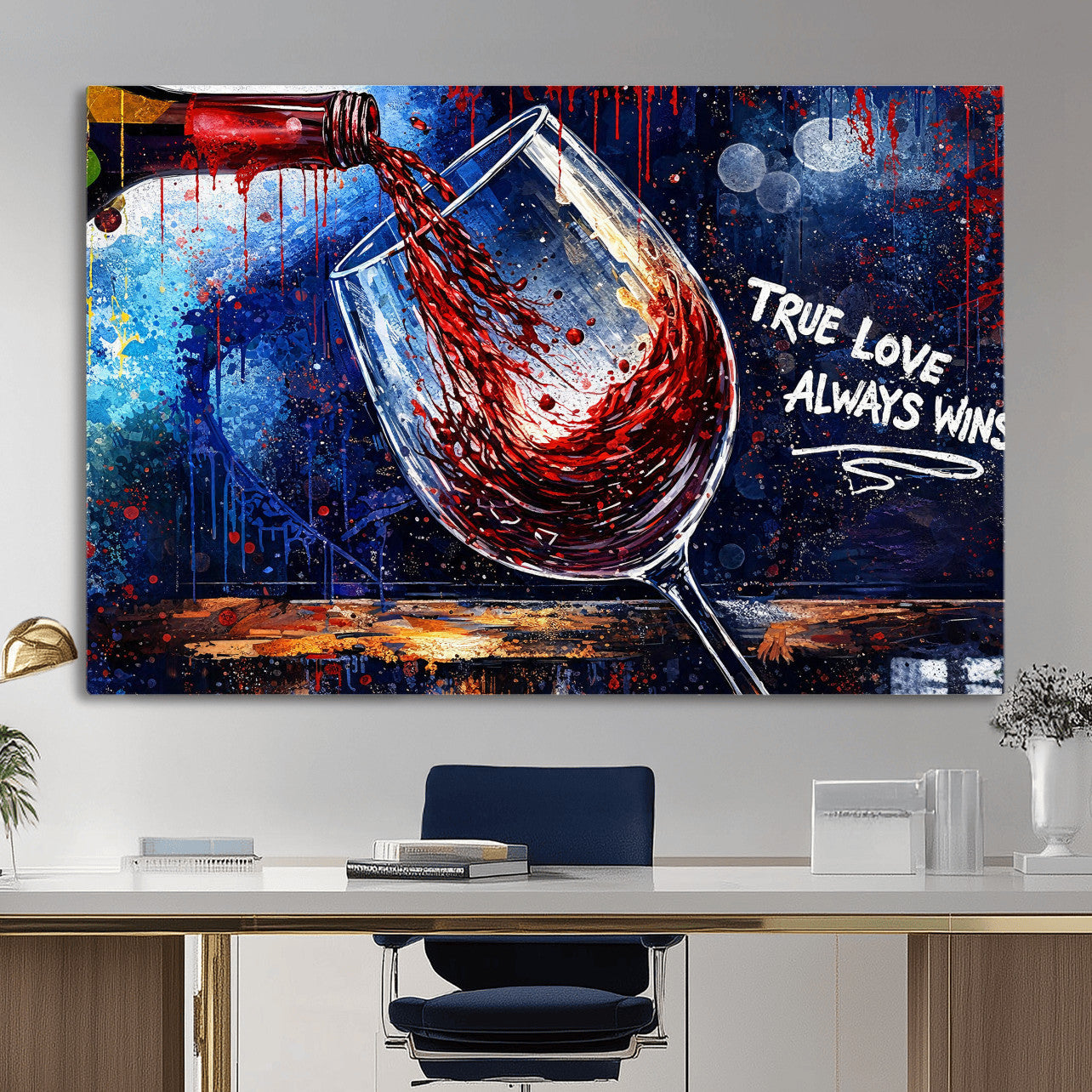 88788932-MGV-CV-36X24 - Red Wine Splash Abstract Wall Art Canvas Print, Modern Wine Glass Painting Canvas Print, Romantic Quote Contemporary Bar Art Print