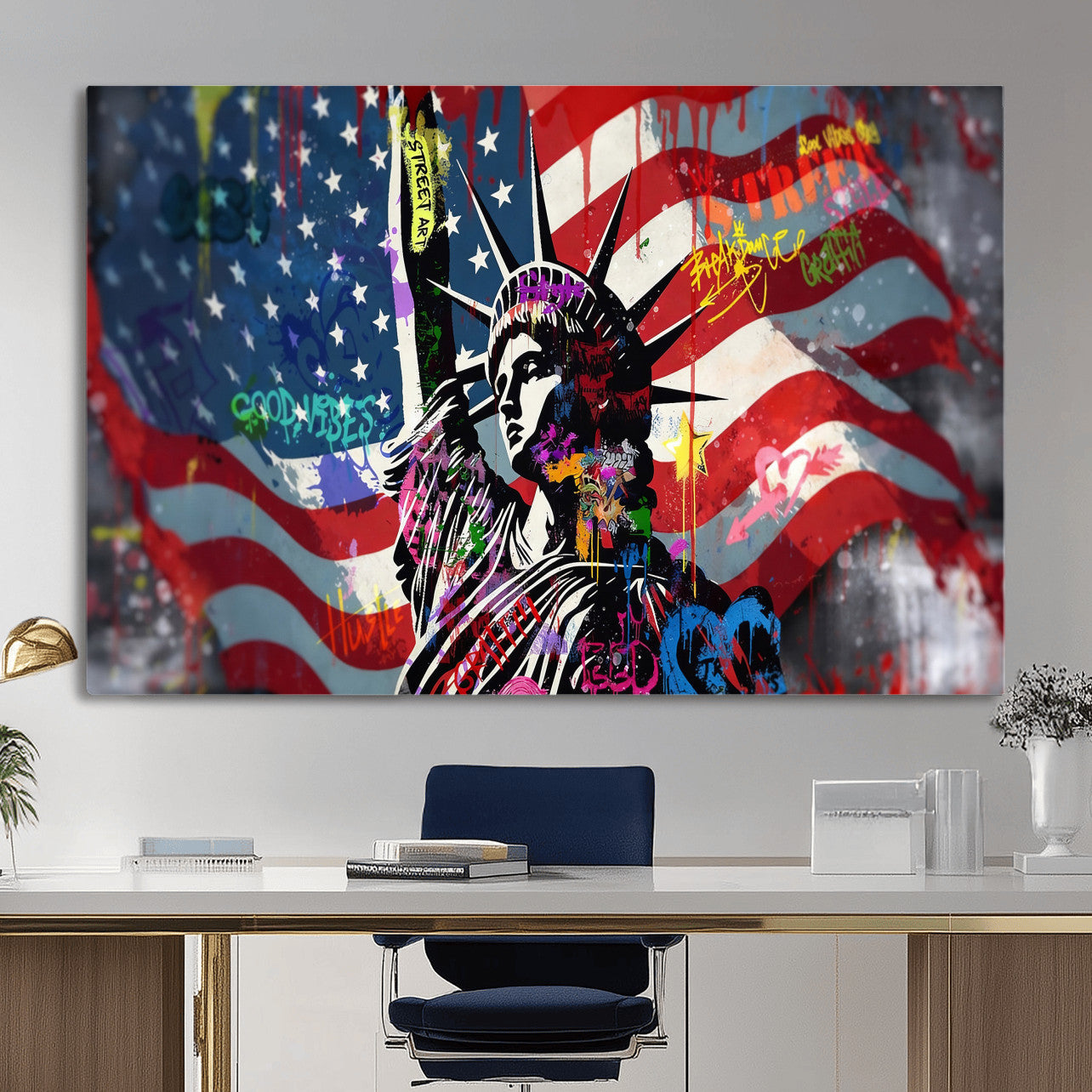 32151941-MGV-CV-36X24 - USA Statue of Liberty Graffiti Street Art Wall Art Canvas Print, American Flag Urban Pop Art Canvas Print, Modern Patriotic Street Art Contemporary Art Printing