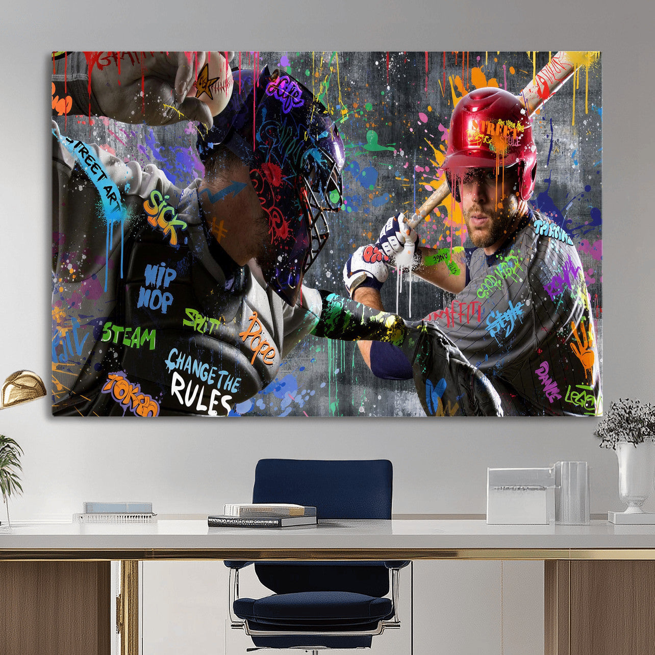 19634994-MGV-CV-36X24 - Graffiti Baseball Player Street Art Wall Art Canvas Print, Urban Sports Pop Art Baseball Canvas Print, Modern Athletic Graffiti Contemporary Art Printing