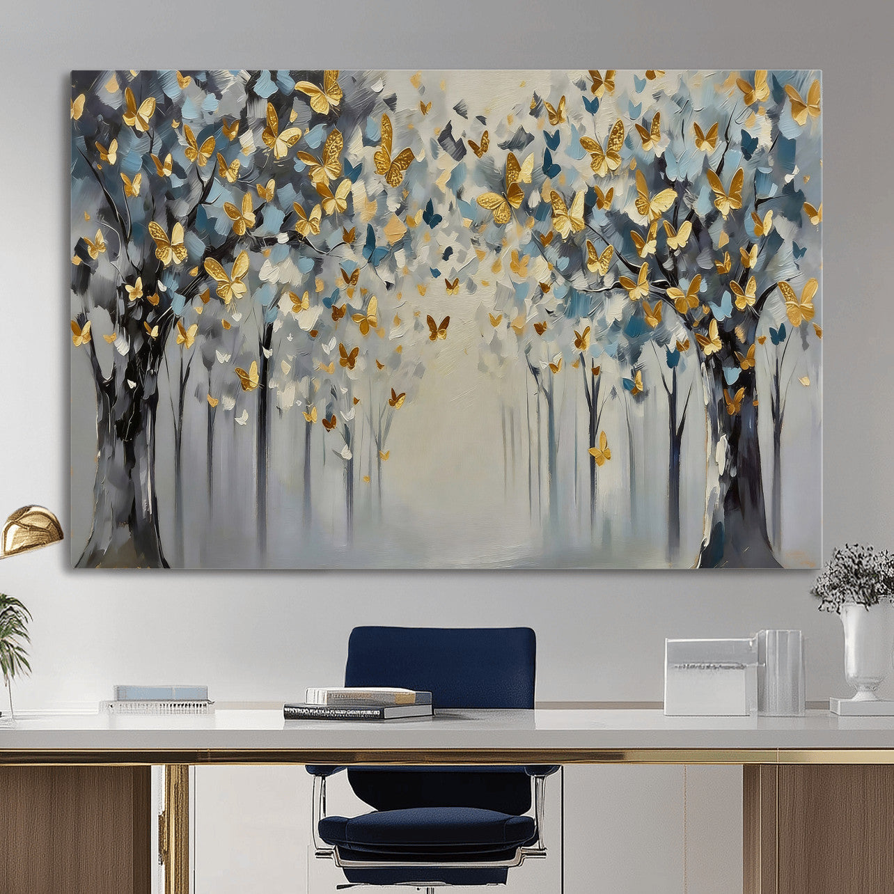 79208191-MGV-CV-36X24 - Golden Butterfly Tree Abstract Wall Art Canvas Print, Modern Elegant Nature Painting Canvas Print, Blue Gold Contemporary Floral Art Printing