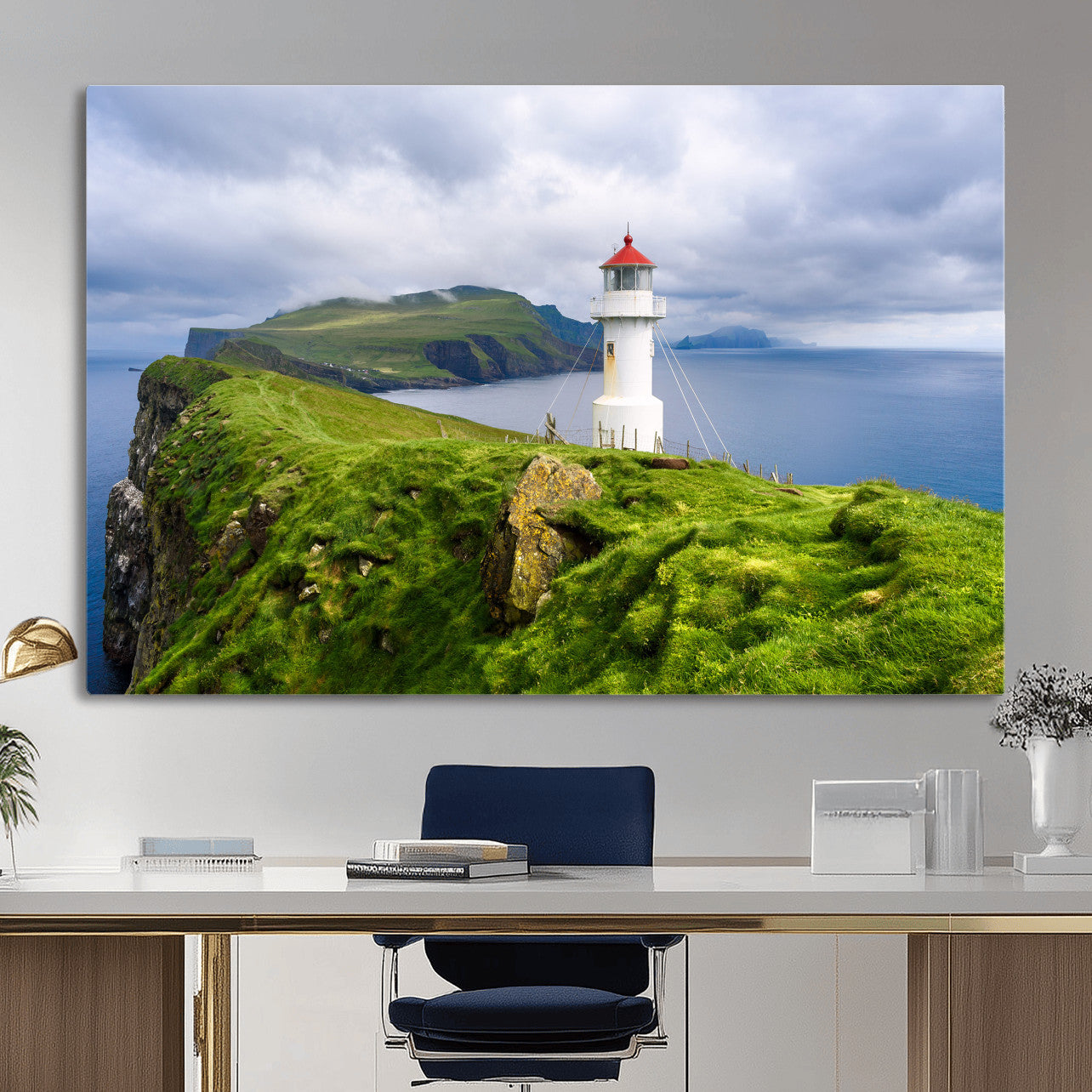 10680390-MGV-CV-36X24 - Coastal Lighthouse Wall Art Canvas Print, Cliffside Ocean Landscape Canvas Print, Scandinavian Coastal Decor for Living Room