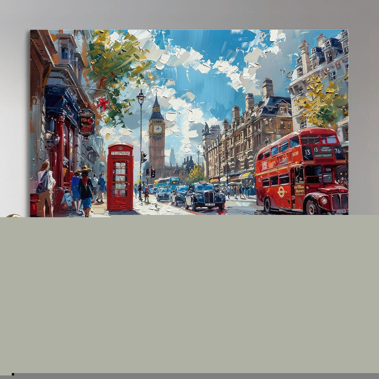 17630888-MGV-CV-36X24 - Modern London City Street Wall Art Canvas Print, Big Ben & Red Bus Artwork Canvas Print