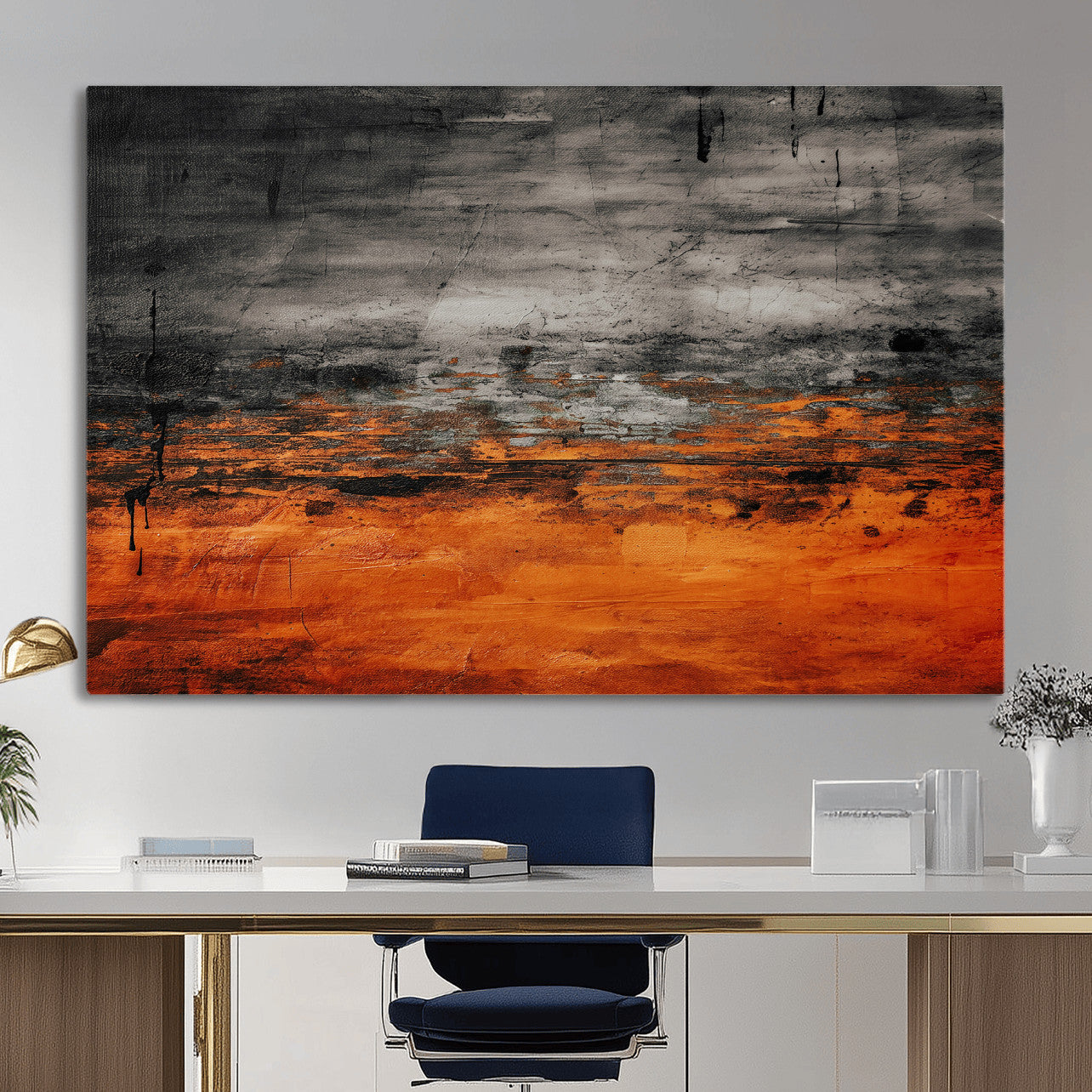 75409282-MGV-CV-36X24 - Black Orange Abstract Wall Art Canvas Print Modern Textured Painting Decor