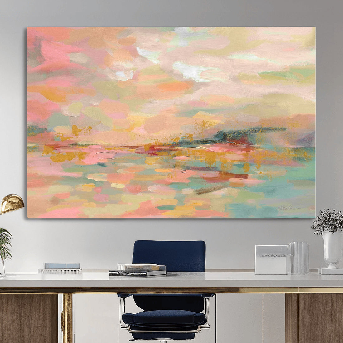 Abstract Pastel Landscape Wall Art Canvas Print | Soft Pink Teal Modern Art
