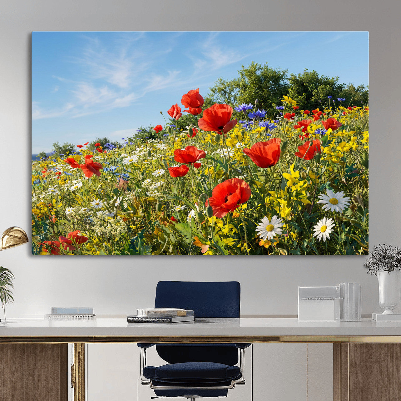 38570784-MGV-CV-36X24 - Wildflower Meadow Wall Art Canvas Print – Colorful Poppy and Daisy Field Landscape Artwork for Living Room Decor