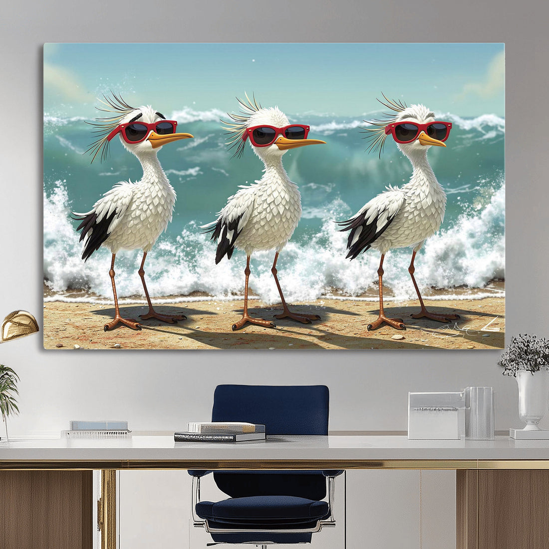 Funny Seagull Wall Art Canvas Print, Beach Birds With Sunglasses