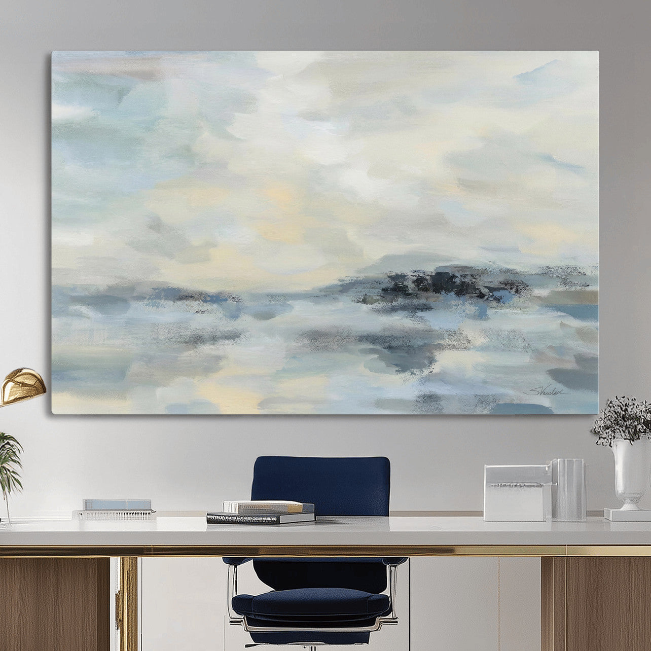 24647355-MGV-CV-36X24 - Abstract Coastal Landscape Wall Art Canvas Print – Soft Blue Gray Minimalist Painting