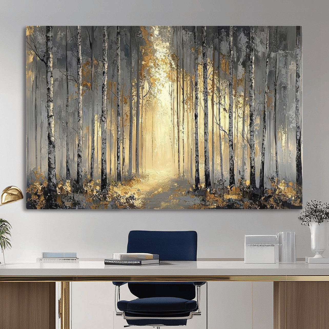 41017042-MGV-CV-36X24 - Abstract Birch Forest Wall Art Canvas Print – Modern Neutral Woodland Landscape Artwork for Living Room Decor