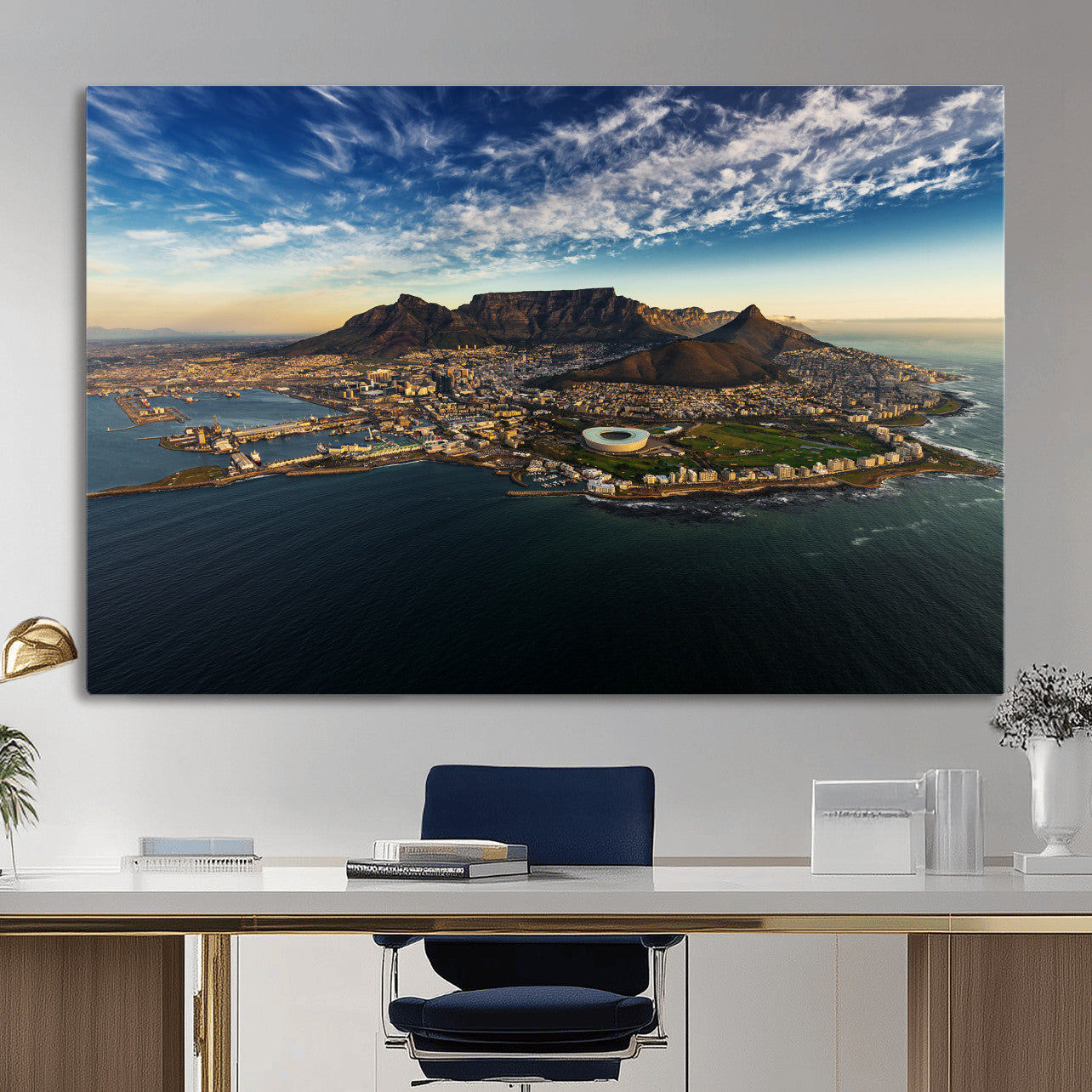 14654591-MGV-CV-36X24 - Cape Town Skyline Wall Art Canvas Print – Table Mountain Coastal Cityscape Artwork for Modern Office Decor