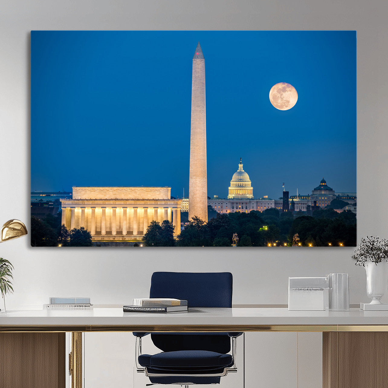 96712946-MGV-CV-36X24 - Washington DC Skyline Wall Art Canvas Print – Lincoln Memorial, Washington Monument and US Capitol Night Cityscape Artwork
